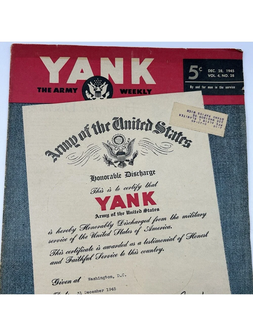 1945 YANK The Army Weekly Magazine Final Issue Honorable Discharge Cover Vol.4